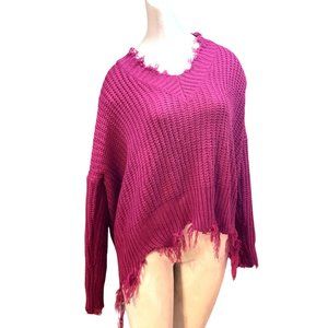 Deep Pink Main Strip Knit Sweater Distressed Fringed Hem Women's Shirt